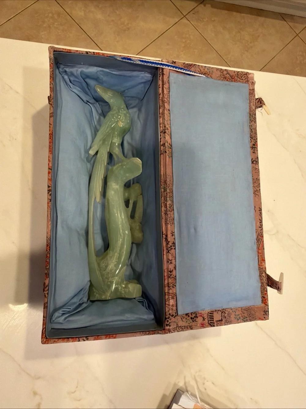 Celadon Jadite Bird of Paradise (Feng Huang) Handcarved in Original Box Vintage